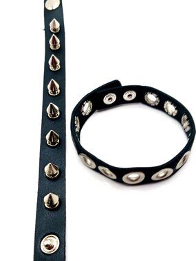 Spiked Black Vegan Leather Bracelet + Black Rubber Grommet Bracelet New